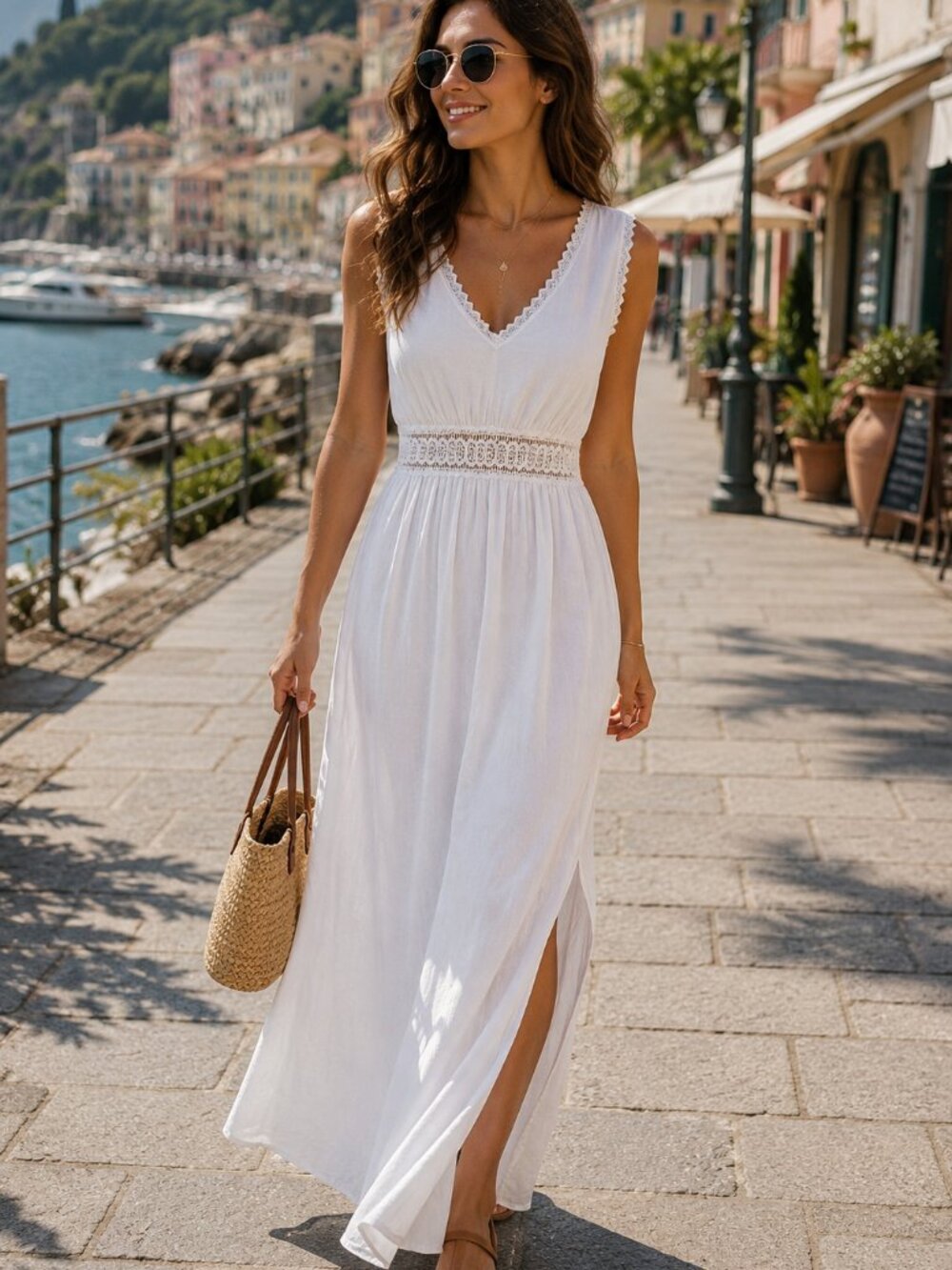 Terzo Millennio Italy White Linen Maxi Dress Lace Waist  Boho Cottagecore Size M